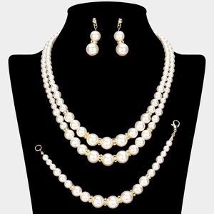 3PCS Cream Pearl Necklace Jewelry Statement Set